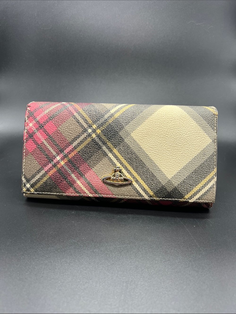 Vivienne Westwood Tartan Plaid Continental Flap Wallet Orb Logo, Red and Black